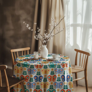 Aranżacja stołu z obrusem, białym wazonem i filiżanką przy oknie