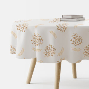 okrągły obrus z drobnym wzorem gałązek i listków na białym tle, ujęcie produktu