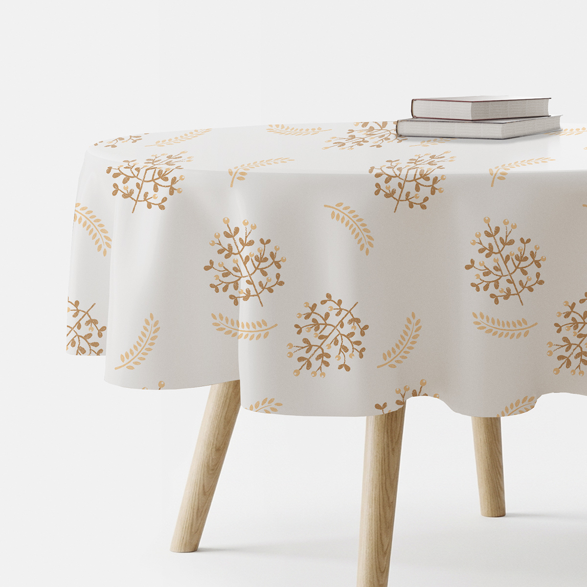 okrągły obrus z drobnym wzorem gałązek i listków na białym tle, ujęcie produktu