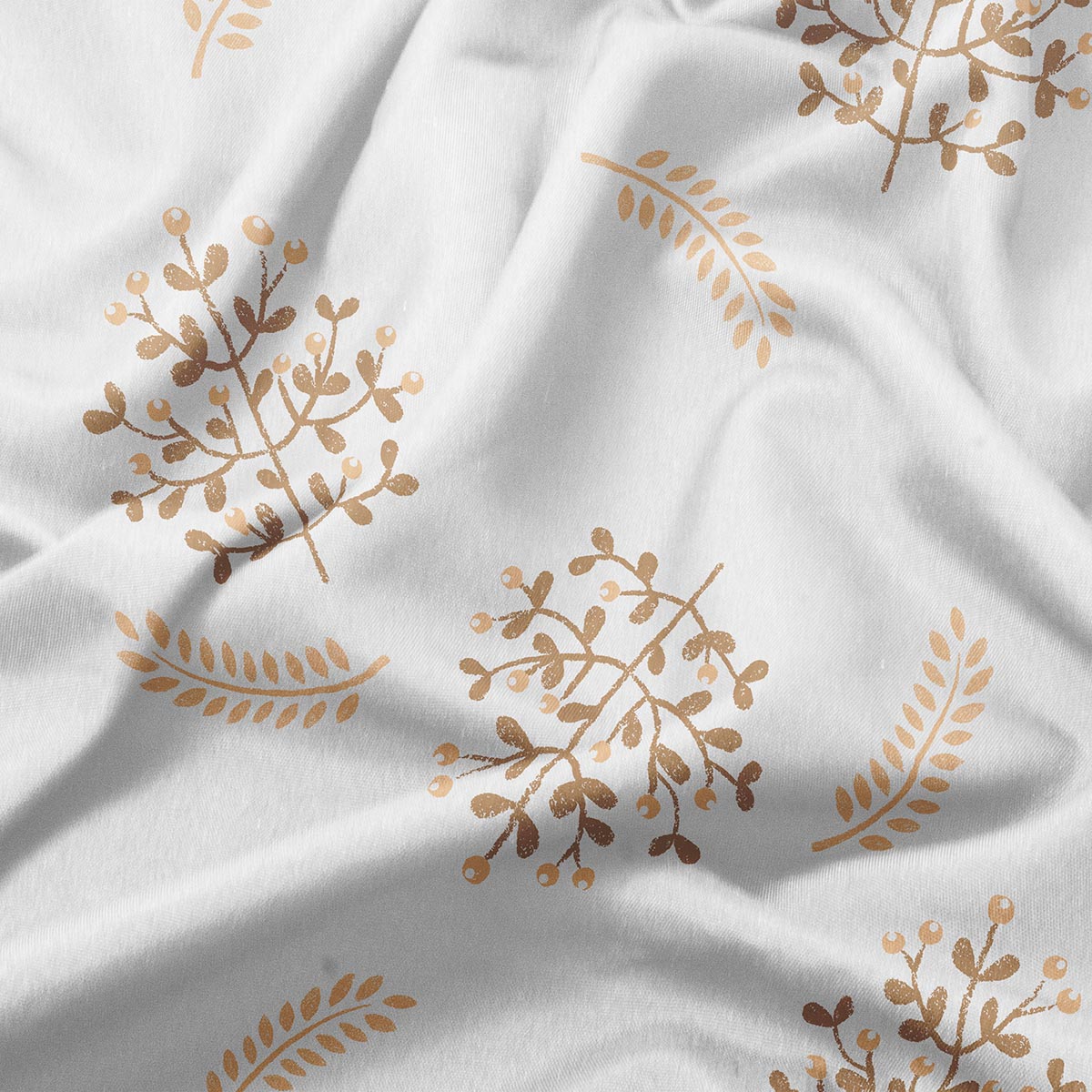 zbliżenie na nadruk gałązek i listków na tkaninie z widoczną strukturą materiału