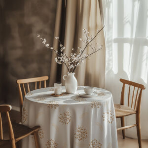 aranżacja stołu z wazonem i krzesłami, obrus tworzy ciepłą, naturalną atmosferę