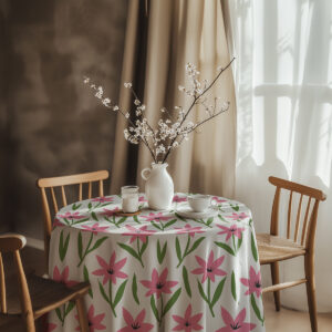 Aranżacja stołu z wazonem i filiżanką na obrusie w różowe kwiaty w przytulnej jadalni