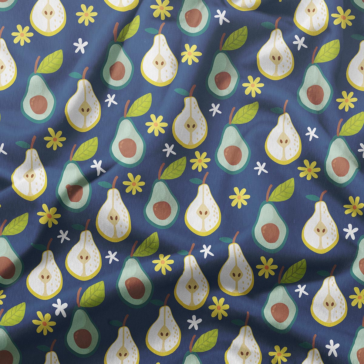 zbliżenie na tkaninę z nadrukiem gruszek i awokado, detal faktury i kolorów