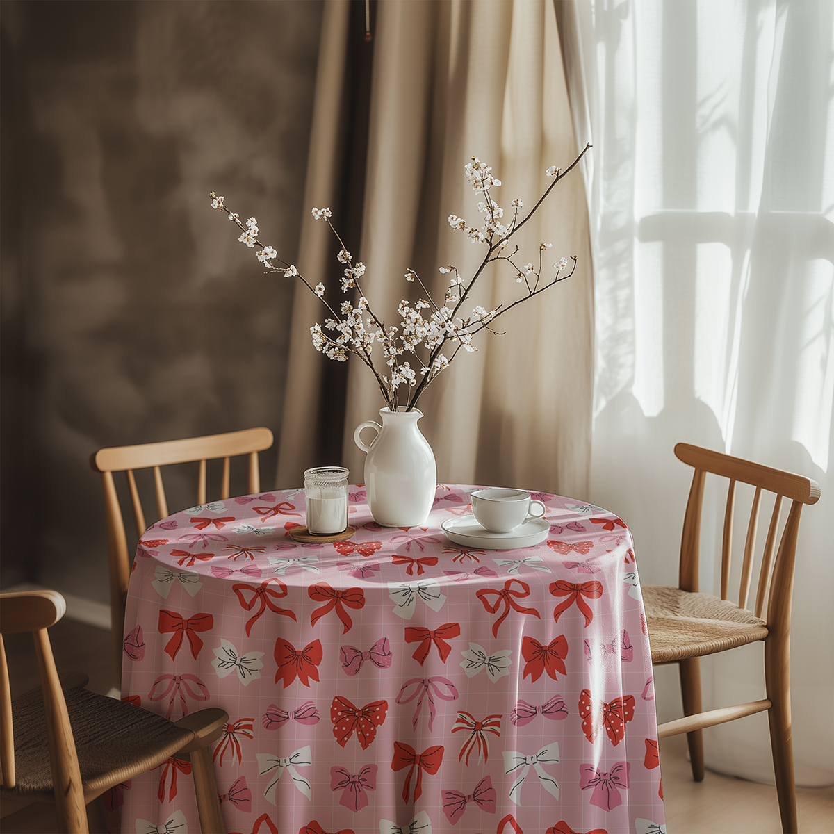 aranżacja stołu z obrusem, ceramicznym wazonem z gałązkami i filiżanką na tle zasłon