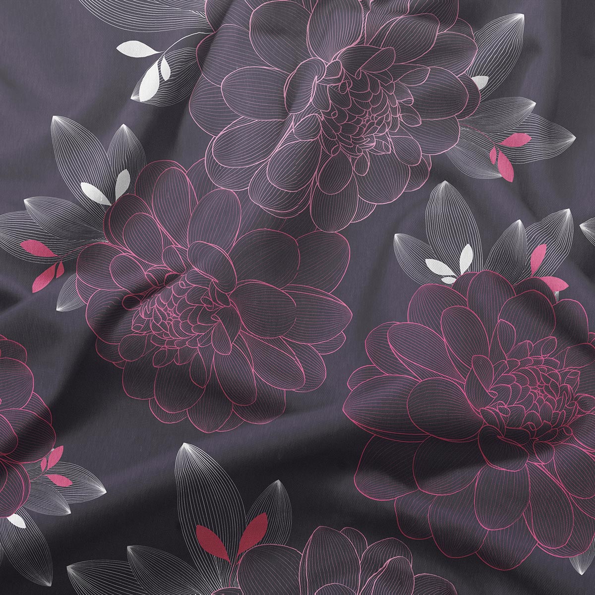zbliżenie na delikatne, linearyczne kontury kwiatów i różowe akcenty na tkaninie