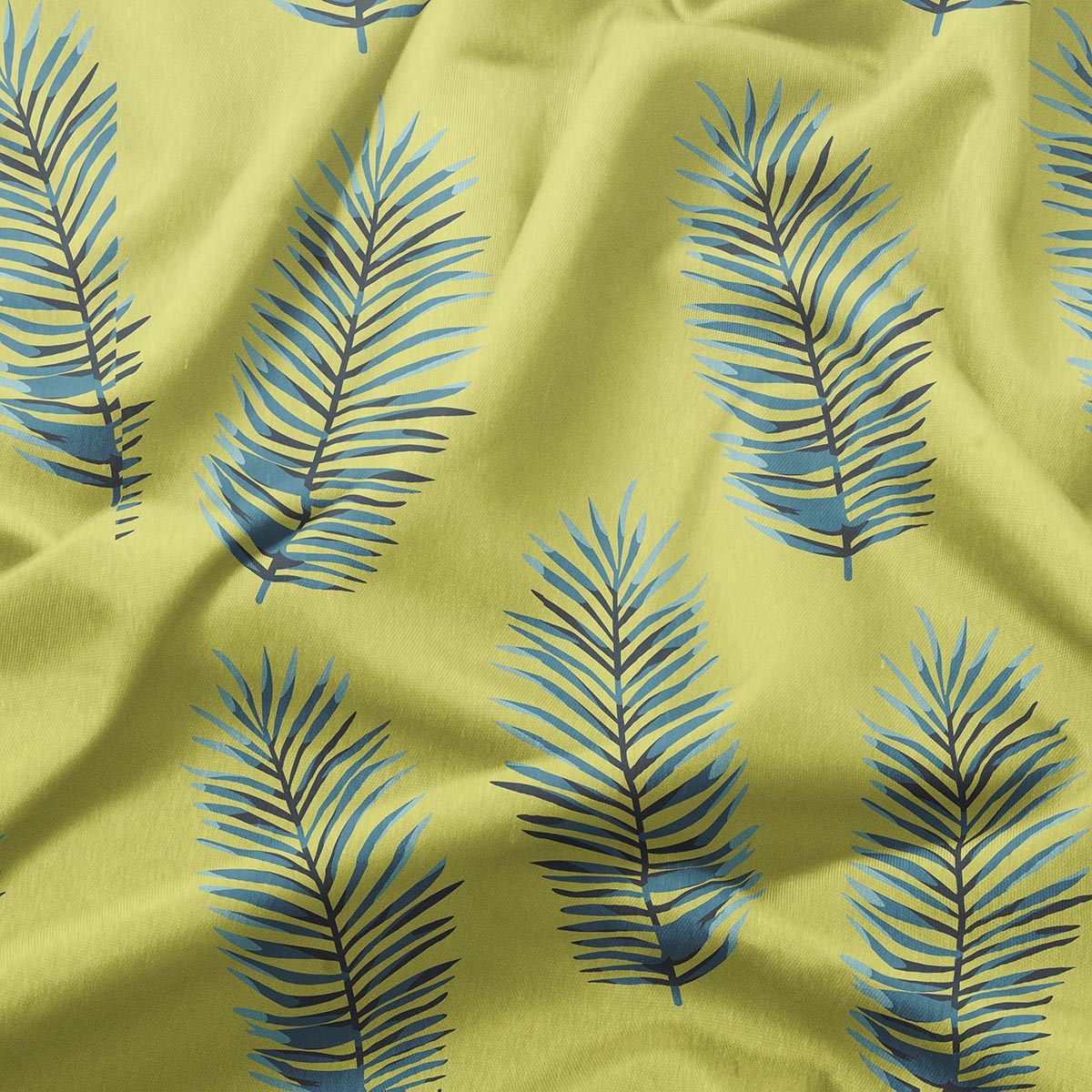 zbliżenie na nadruk palmowych liści na limonkowej tkaninie, detal faktury