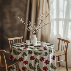 aranżacja stołu z wazonem i okrągłym obrusem w tropikalny wzór