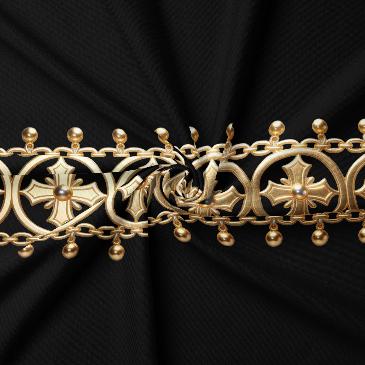 zbliżenie na barokowy złoty łańcuchowy wzór i perełkowe akcenty na tkaninie