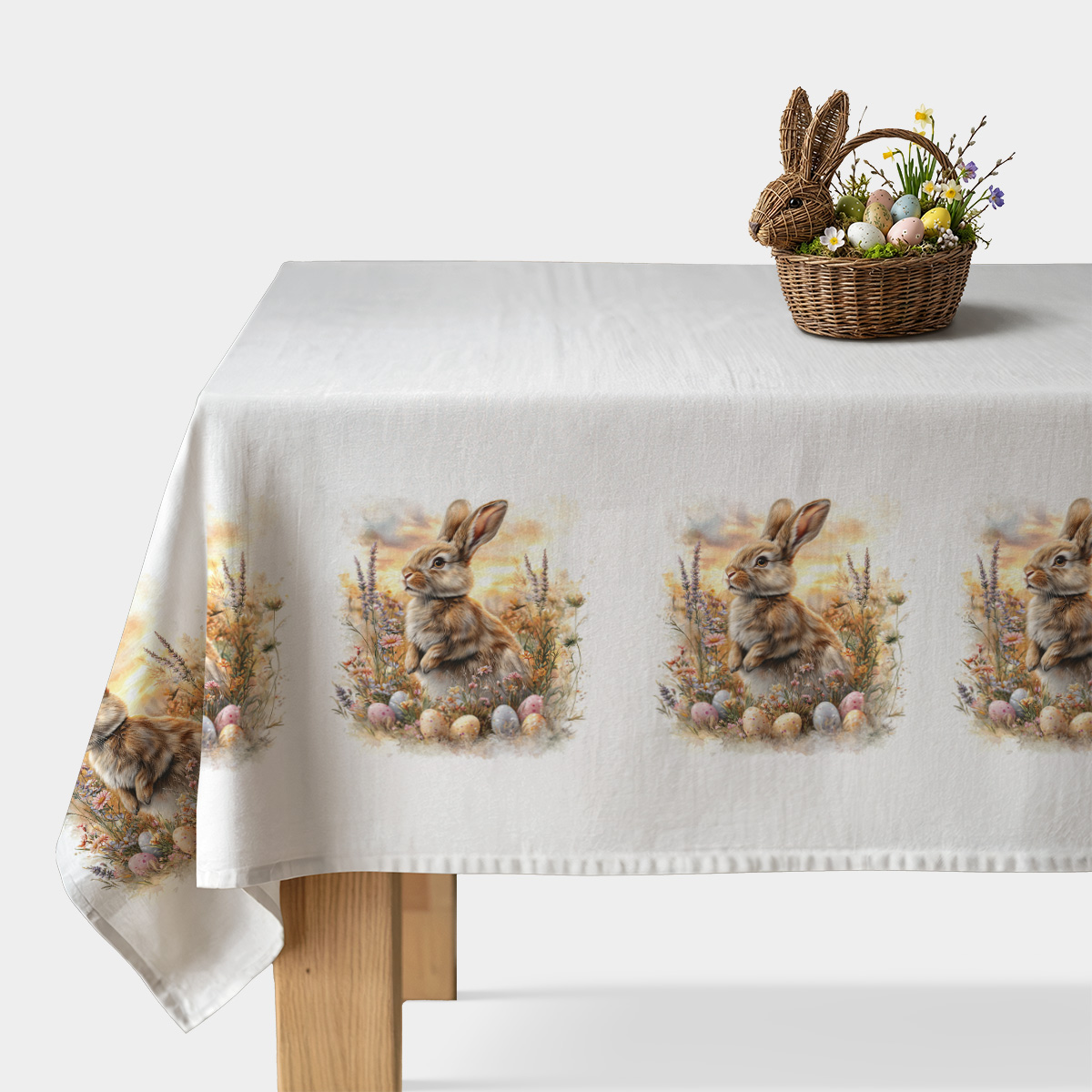 świąteczny obrus z motywem króliczka i pisanek, widok całości na stole