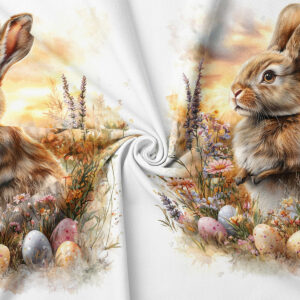 zbliżenie na detal króliczka i pastelowe pisanki na tkaninie