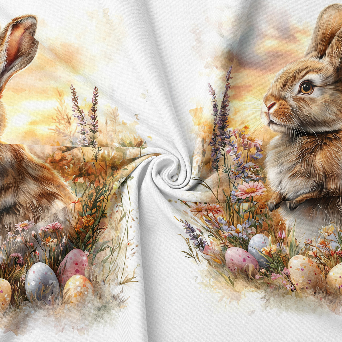 zbliżenie na detal króliczka i pastelowe pisanki na tkaninie
