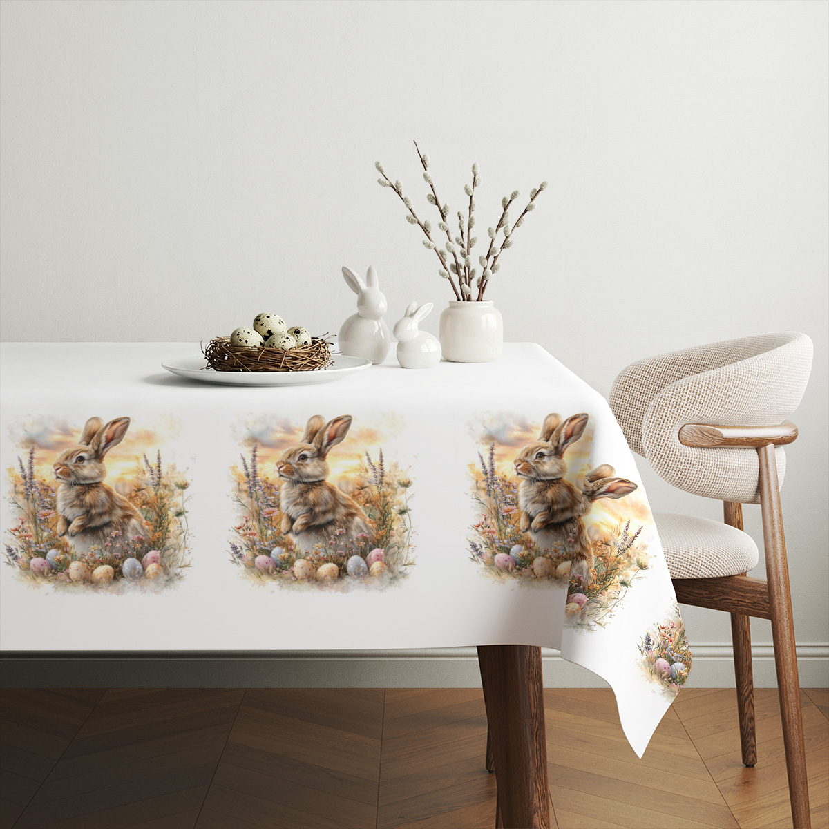 aranżacja stołu ze świątecznym obrusem w naturalnych dekoracjach