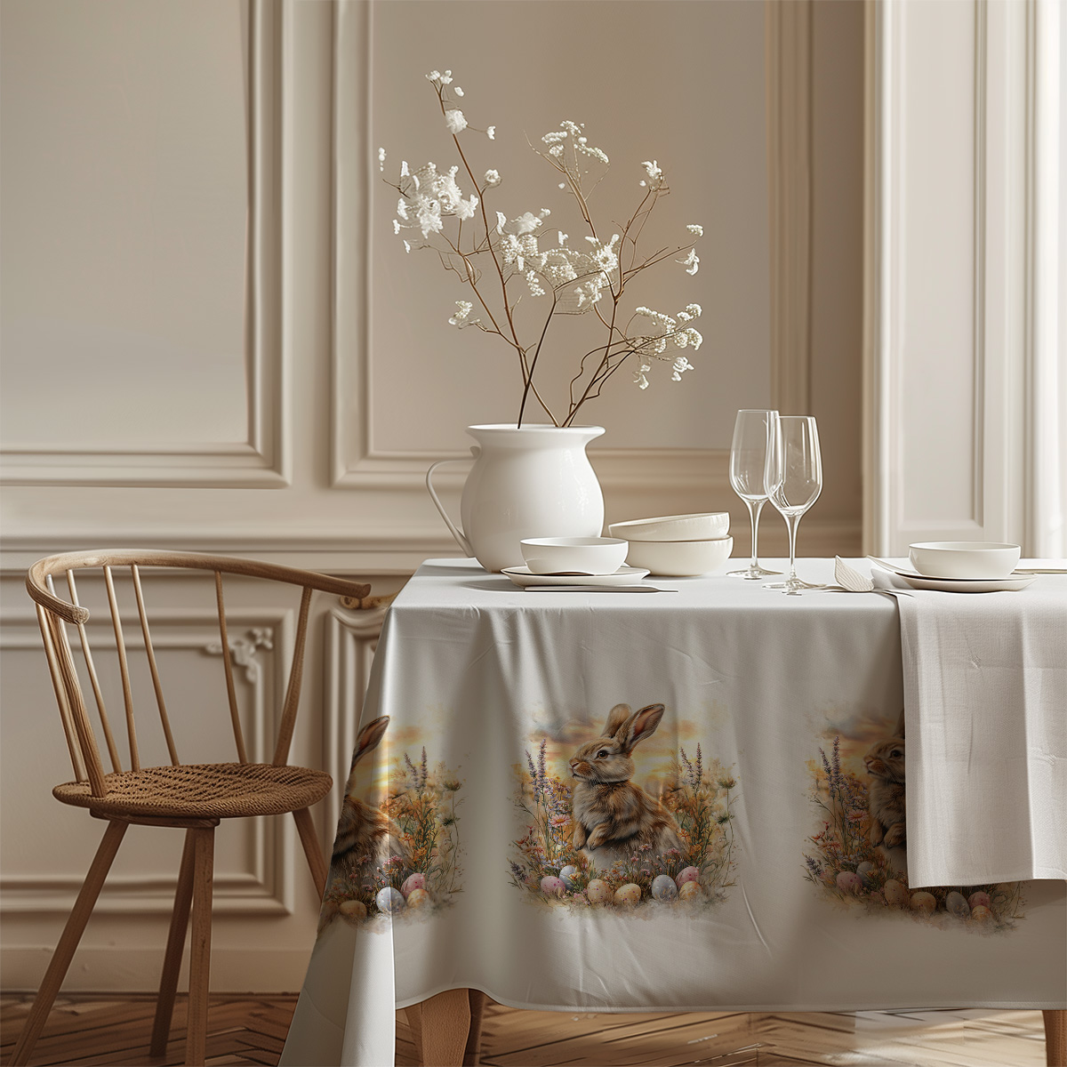 tekstura tkaniny i detal kwiatowego wzoru z króliczkiem przy zachodzie słońca