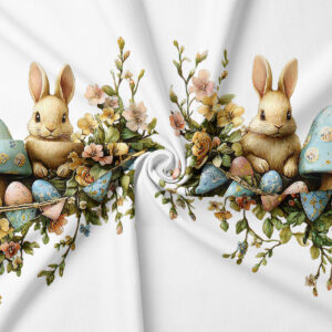 Zbliżenie na detale nadruku: dwa zajączki otoczone kwiatami i pastelowymi jajkami