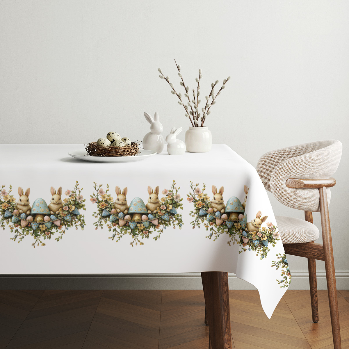 Aranżacja stołu z dekoracjami: obrus ze świątecznym wzorem, talerz z gniazdem i bukiet bazie