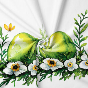 zbliżenie na akwarelowe zielone pisanki i białe kwiaty, widoczne sploty tkaniny