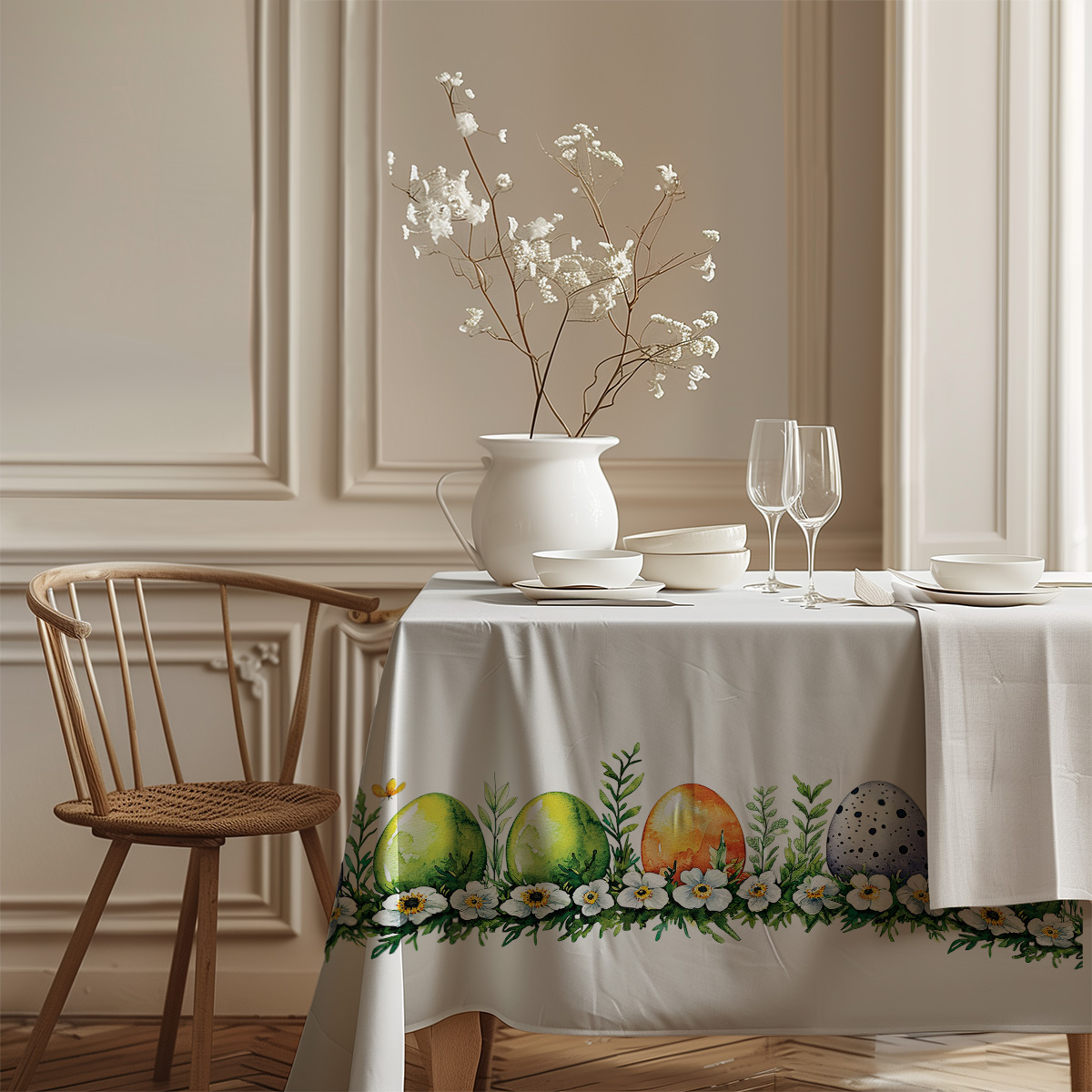 detal wzoru z kolorowymi pisankami i zielonymi listkami na białym tle