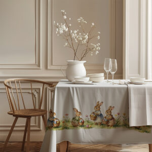 perspektywa stołu pokazująca cały pas wzoru z zajączkami i trawą