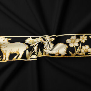 Zbliżenie na złoty motyw baranków i kwiatów na czarnej tkaninie