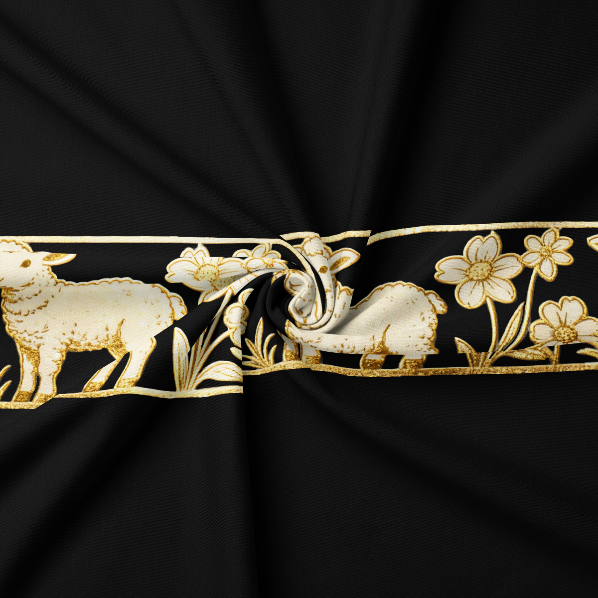 Zbliżenie na złoty motyw baranków i kwiatów na czarnej tkaninie