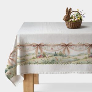 biały obrus z akwarelowym pejzażem i beżowymi kokardami na stole