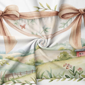 zbliżenie na detal z wstążkami i malowanymi wzorami łąk i pagórków