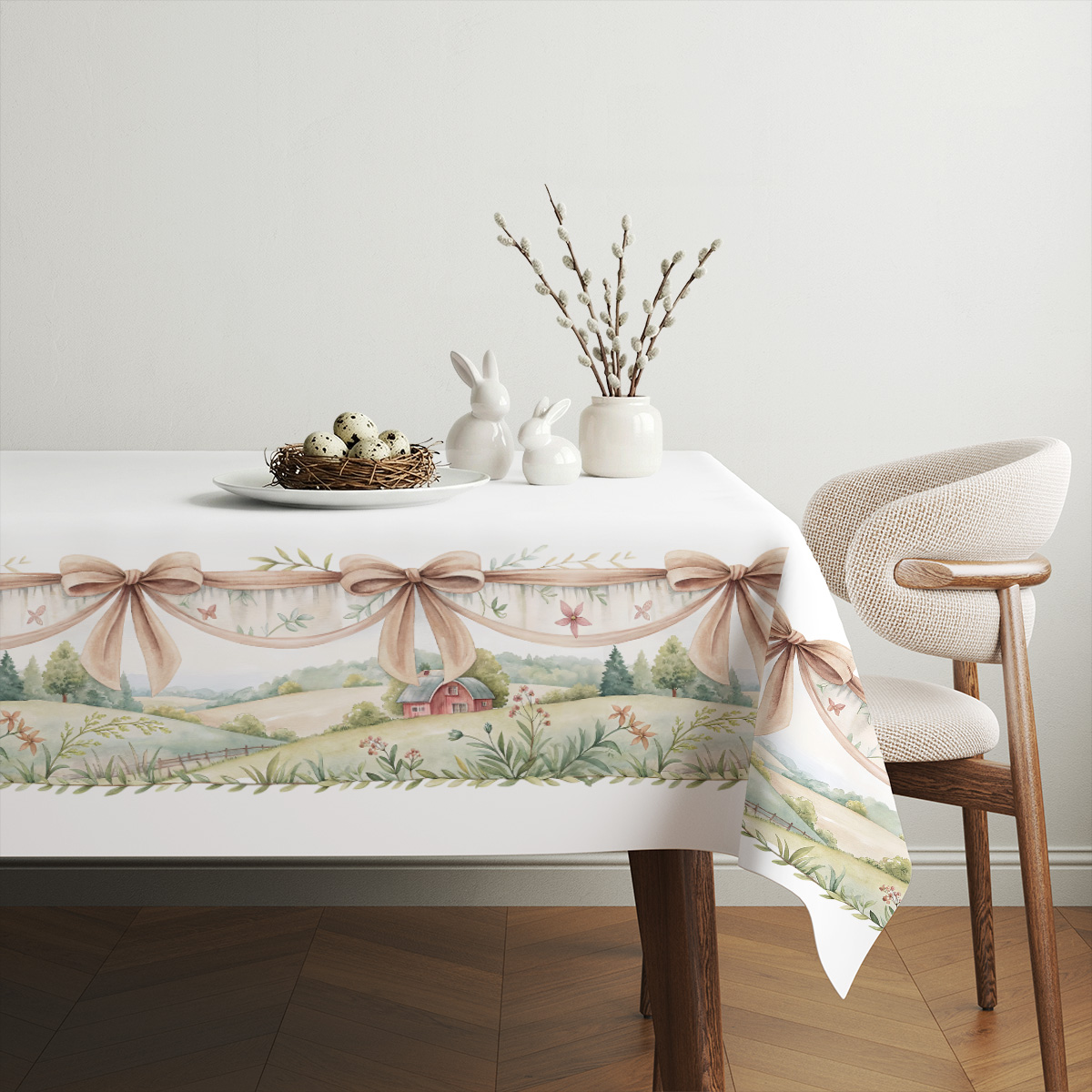 aranżacja stołu ze świątecznymi dodatkami i pastelowym obrusie