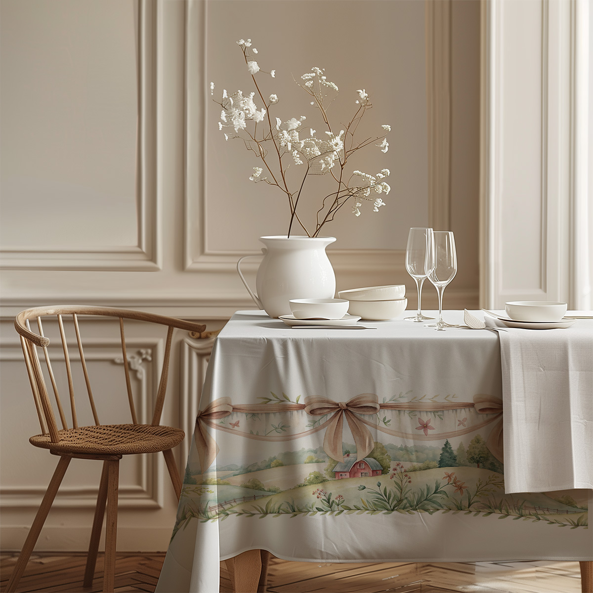 kąt stołu pokazujący wzór obrusu z kokardami i wiejskim pejzażem
