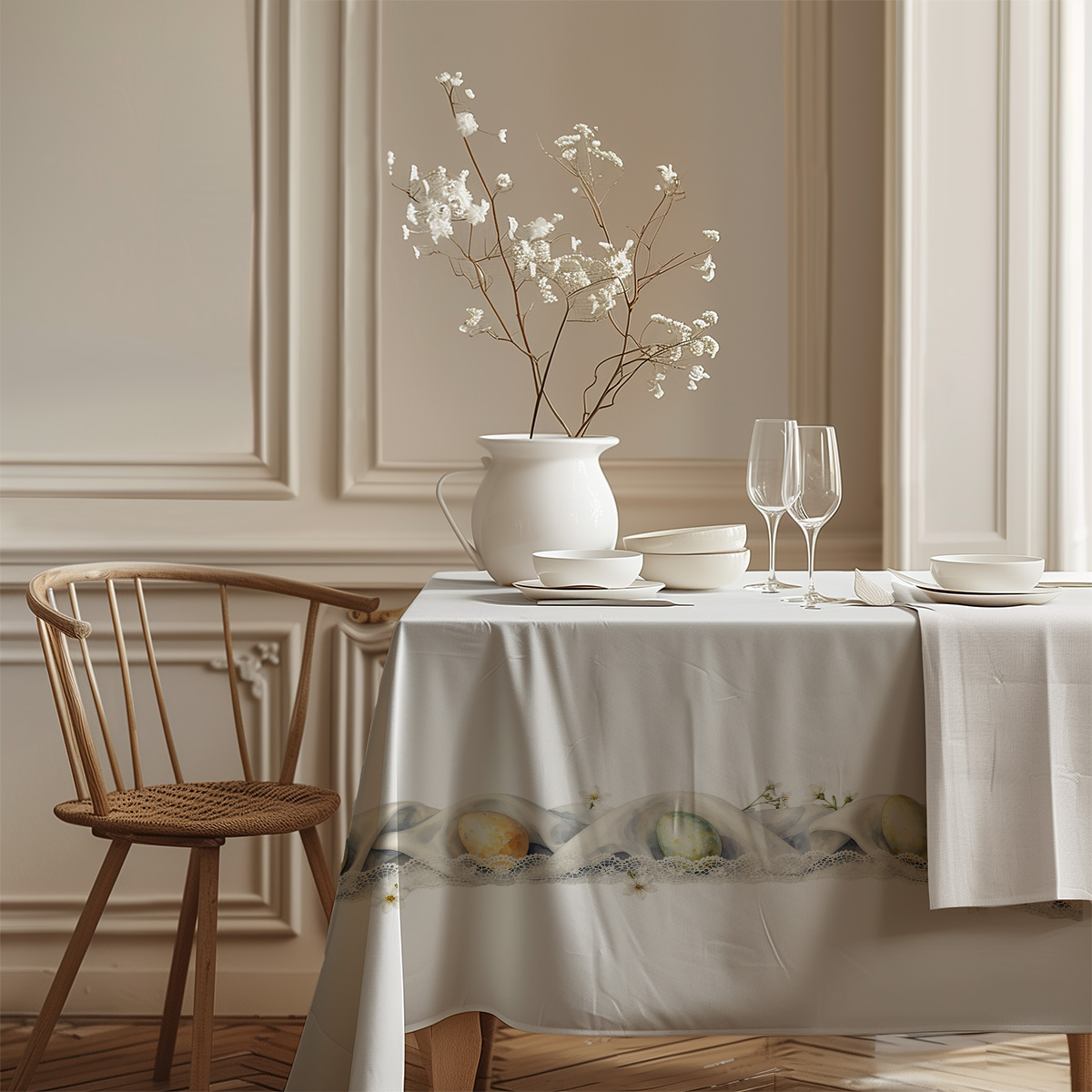 elegancki jadalniany stół nakryty świątecznym obrusem z porcelaną i delikatnymi kwiatami