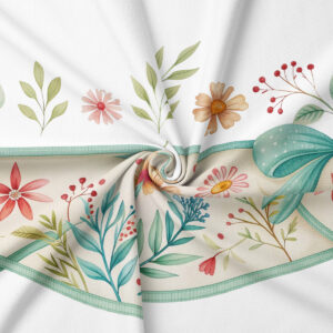 zbliżenie na tkaninę z nadrukiem drobnych kwiatów i liści oraz detal miętowej kokardy, widoczna faktura materiału