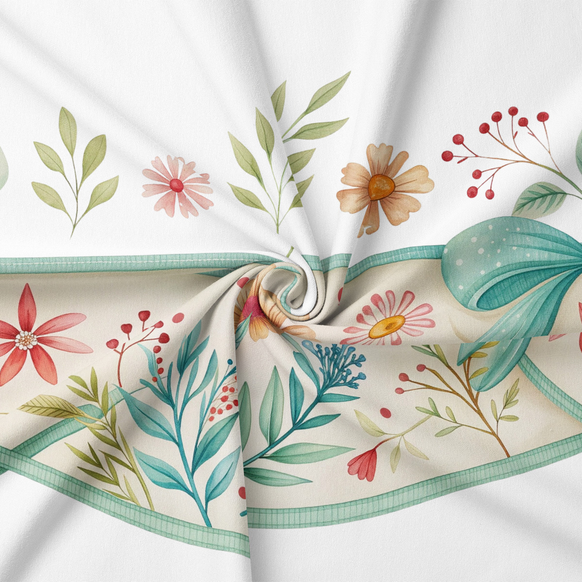 zbliżenie na tkaninę z nadrukiem drobnych kwiatów i liści oraz detal miętowej kokardy, widoczna faktura materiału