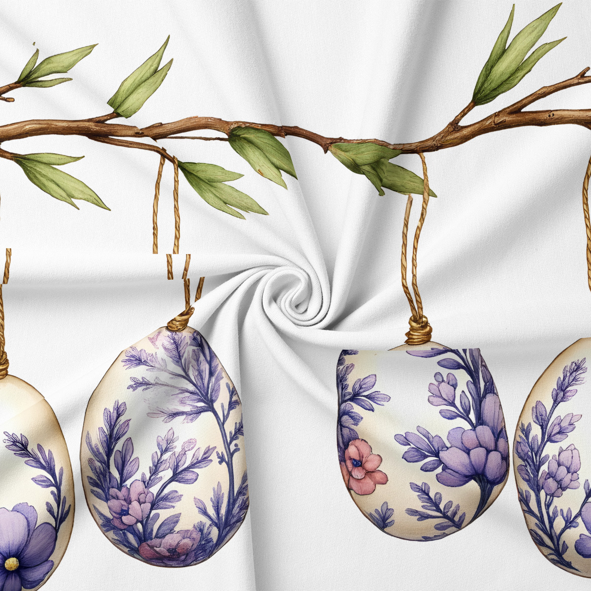 detal wzoru z wiszącymi pisankami w fioletowe kwiaty i splotem sznurka na białej tkaninie