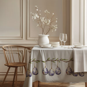 zbliżenie na gałązkę i rysunek pisanek przy krawędzi obrusu, widoczne detale pędzla