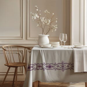 detal krawędzi obrusu z haftowanym pasem kwiatowym na tle drewnianego stołu