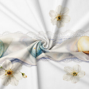 Zbliżenie tkaniny: pastelowe jajka, koronkowy wzór i faktura materiału