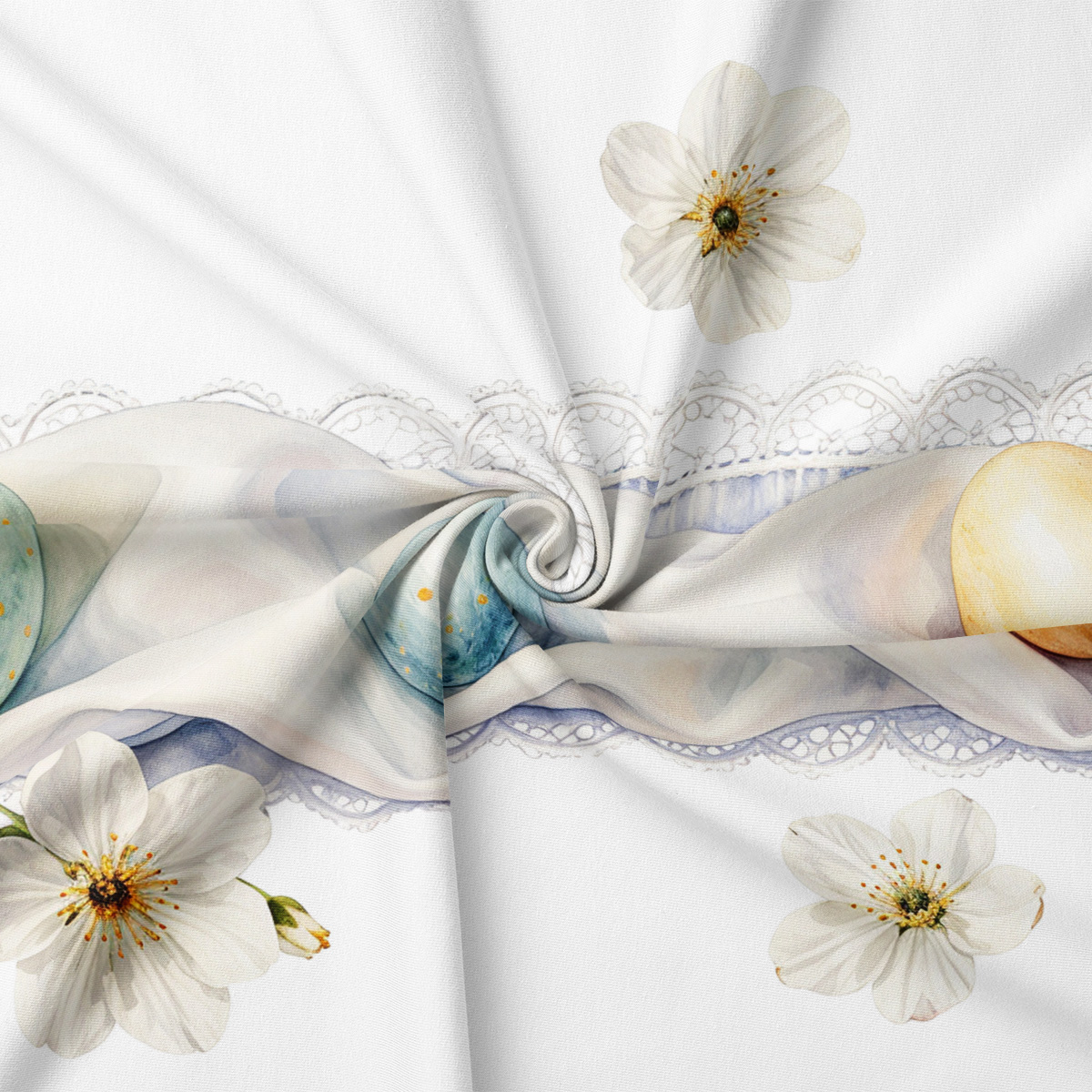 Zbliżenie tkaniny: pastelowe jajka, koronkowy wzór i faktura materiału