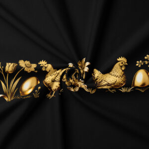 zbliżenie na złoty wzór kur i pisanek na czarnej tkaninie, detal dekoracji