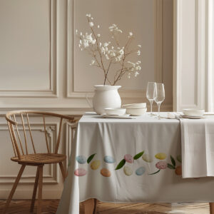 detal brzegu obrusu z rozmieszczonymi pastelowymi jajkami i liśćmi