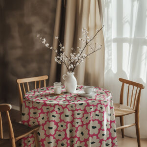 aranżacja stołu z wazonem i filiżanką na obrusem w kremowe kwiaty