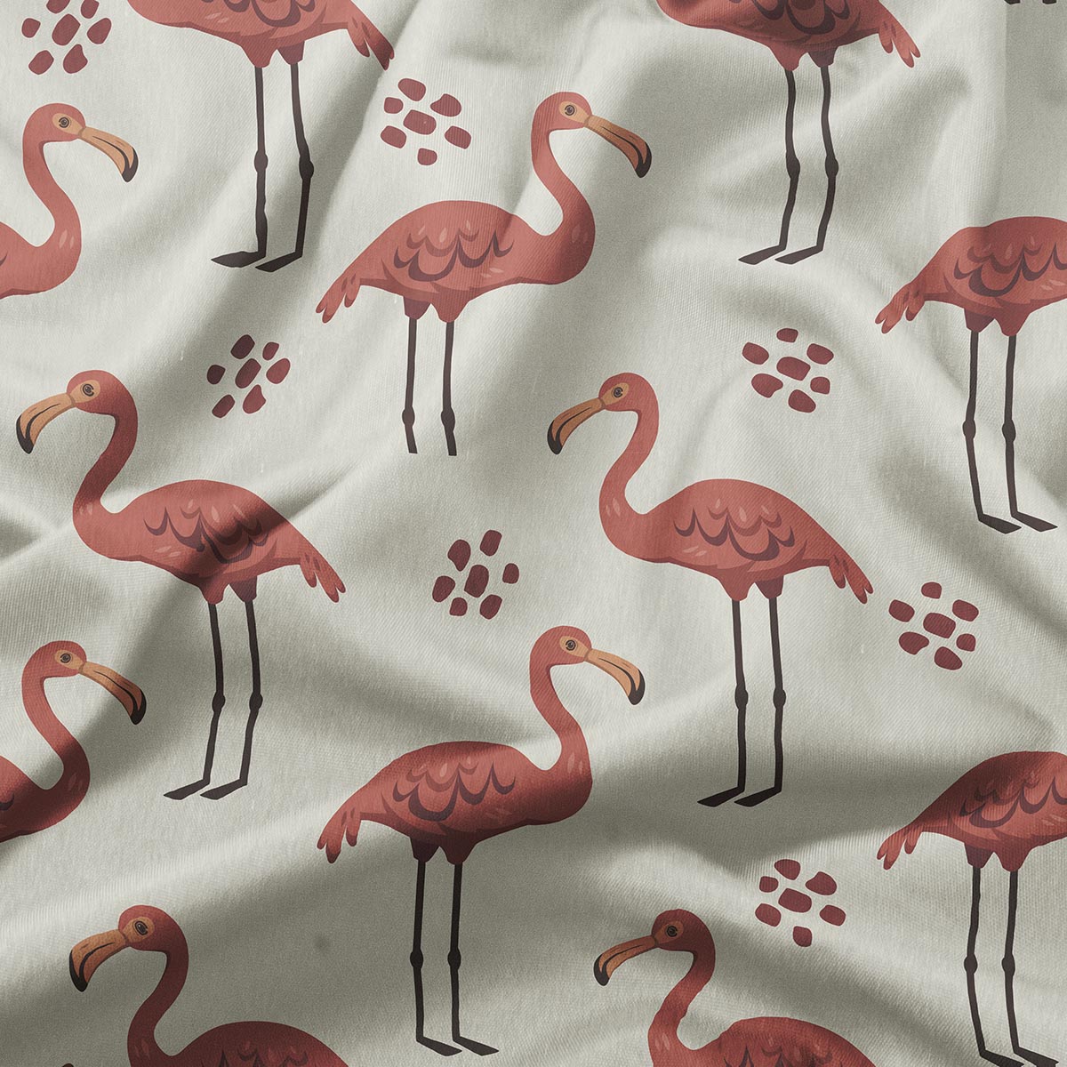 zbliżenie na materiał i szczegóły nadruku z flamingami oraz fakturę tkaniny