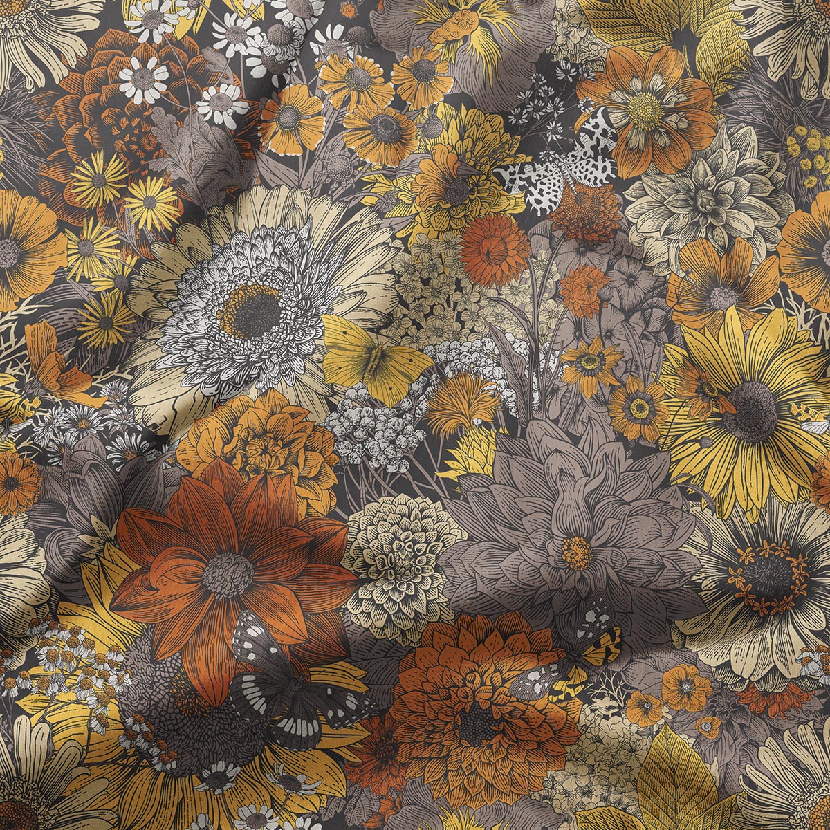 Zbliżenie na bogato ilustrowane kwiaty w odcieniach pomarańczy, żółci i beżu