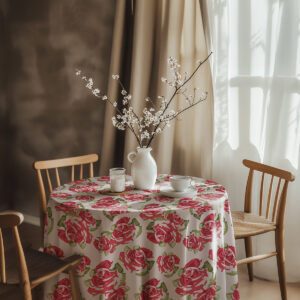Aranżacja stołu z wazonem i filiżanką na obrusie w czerwone róże