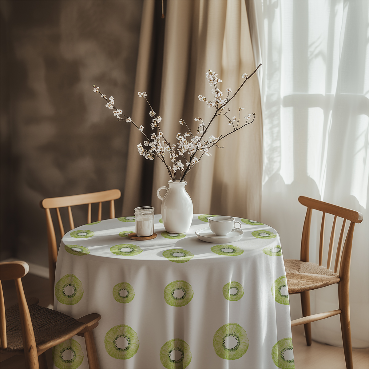 aranżacja stołu z białym dzbankiem i filiżanką na obrusie w plasterki kiwi