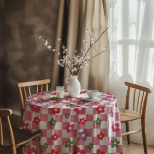 Aranżacja stołu z wazonem i filiżanką na obrusie w różowe kratki i kwiaty
