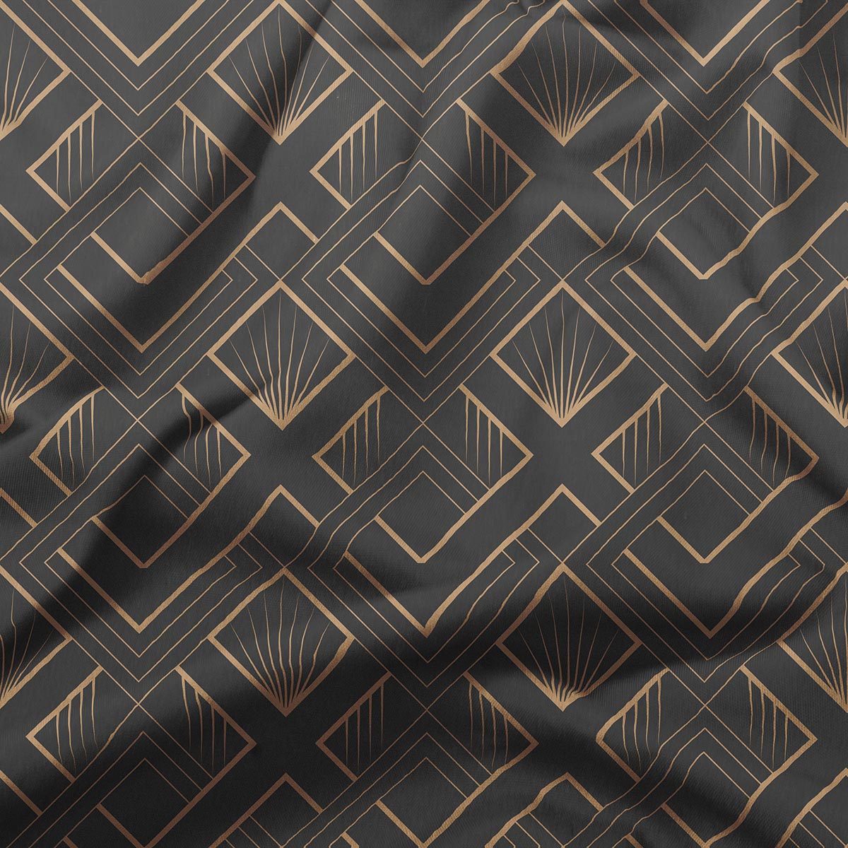 Zbliżenie na złote, geometryczne linie i fakturę ciemnego materiału