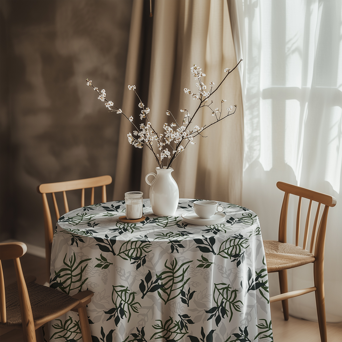 aranżacja stołu z wazonem z kwitnącymi gałązkami i filiżanką na obrusie w roślinny wzór