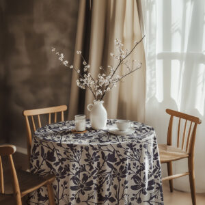 Aranżacja stołu z wazonem i filiżanką na obrusie z delikatnym roślinnym wzorem
