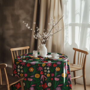 Aranżacja stołu z wazonem i filiżanką na obrusie w kwiatowy wzór