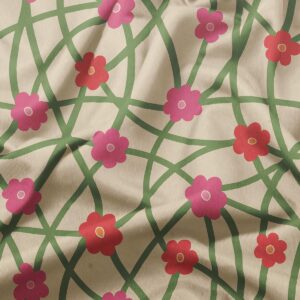 detal tkaniny z motywem splecionych zielonych linii i drobnymi czerwono-różowymi kwiatami