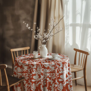 Stół nakryty okrągłym obrusem z kwiatowym wzorem, aranżacja z białym wazonem i filiżanką